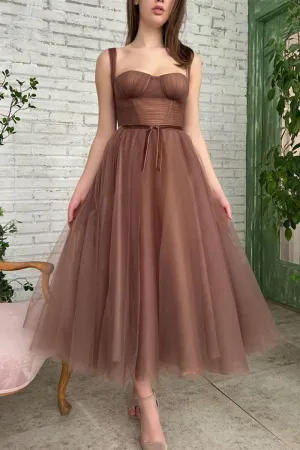 Simple A-line Tea Length Tulle Short Prom Dresses Homecoming Dresses