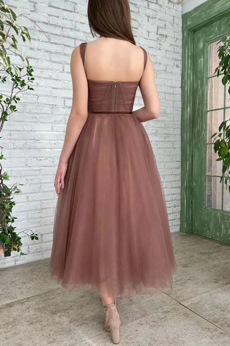 Simple A-line Tea Length Tulle Short Prom Dresses Homecoming Dresses