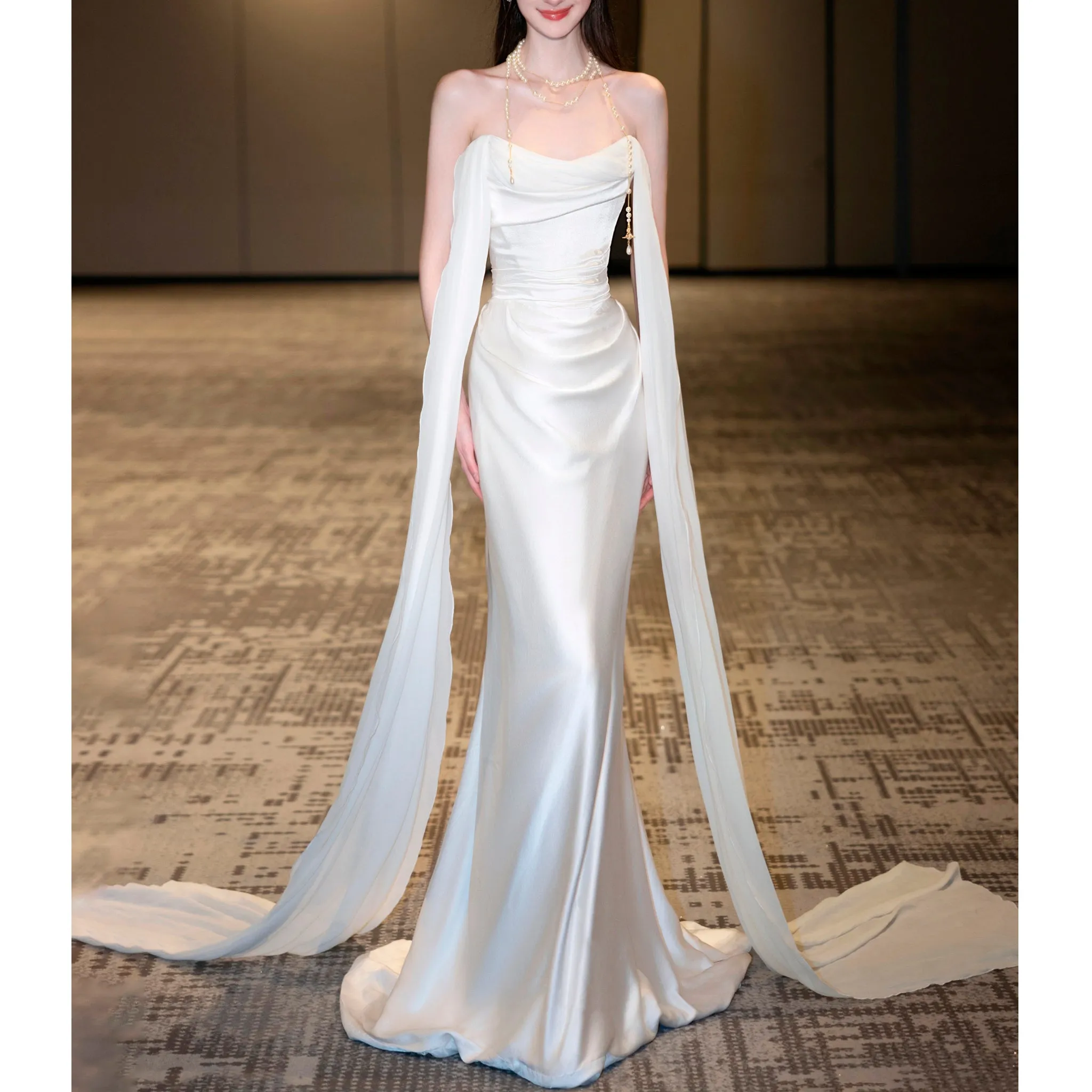 Simple Cape Mermaid Beach Wedding Dress With Boat Neckline