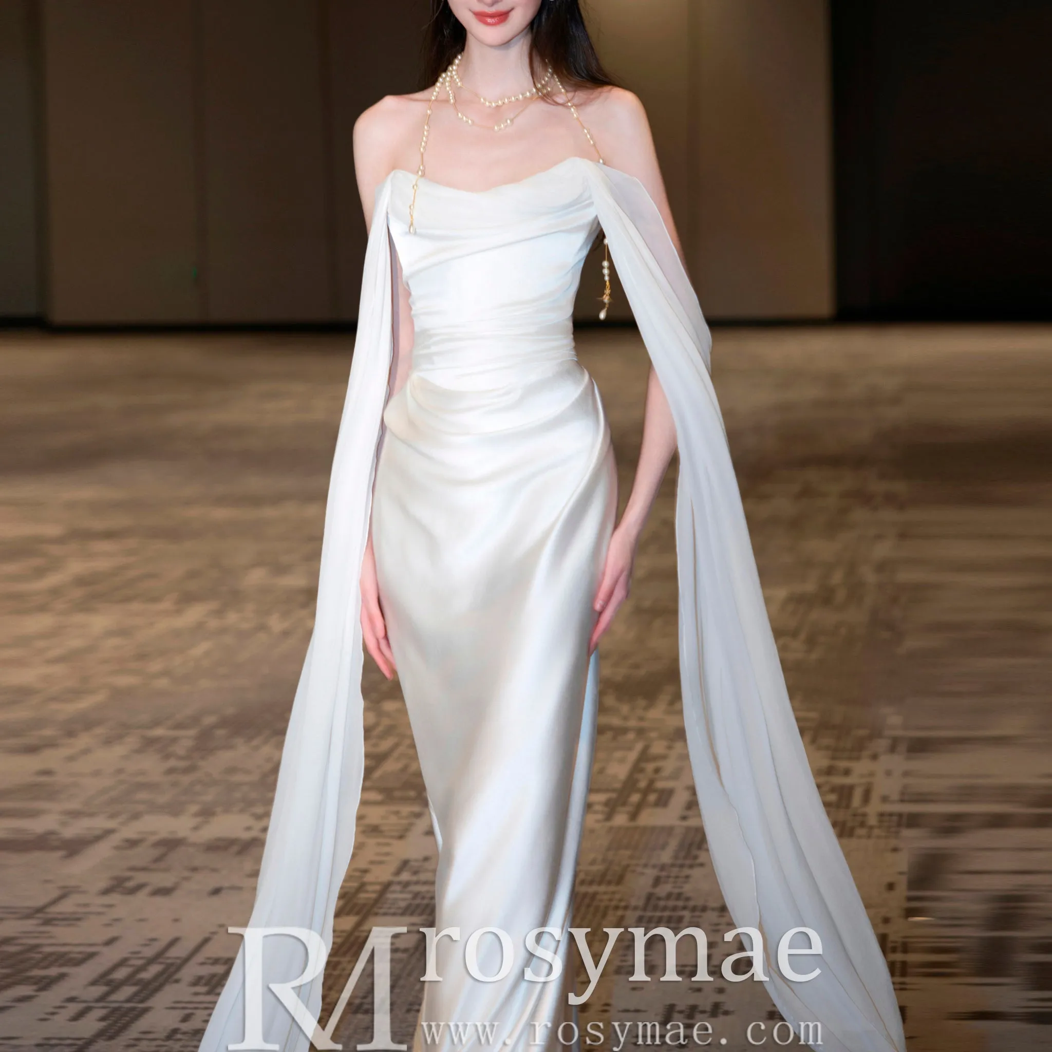 Simple Cape Mermaid Beach Wedding Dress With Boat Neckline