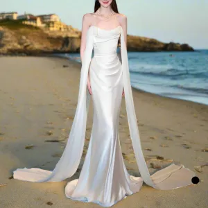 Simple Cape Mermaid Beach Wedding Dress With Boat Neckline