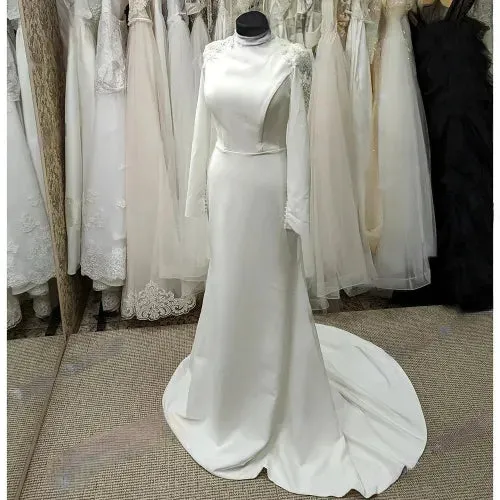 Simple Lace Mermaid Wedding Dresses Long Sleeve High Neck Muslim Bride Dress Satin Wedding Gowns Vestido De Noiva