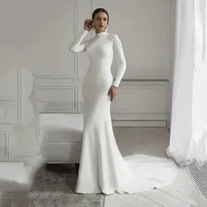 Simple Lace Mermaid Wedding Dresses Long Sleeve High Neck Muslim Bride Dress Satin Wedding Gowns Vestido De Noiva