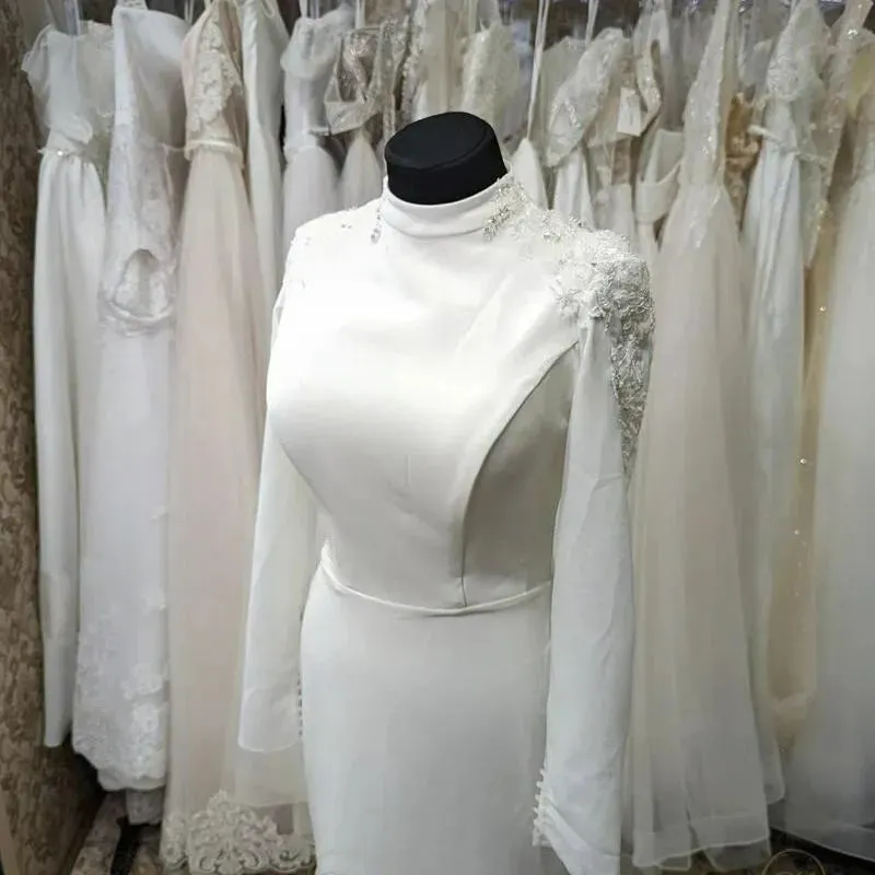 Simple Lace Mermaid Wedding Dresses Long Sleeve High Neck Muslim Bride Dress Satin Wedding Gowns Vestido De Noiva