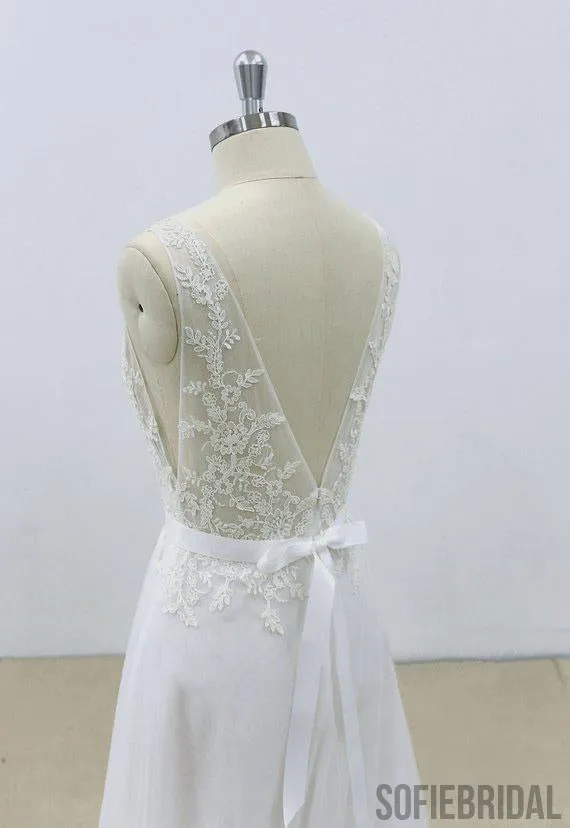 Simple V Neck Tulle Skirt Lace A-line Wedding Dresses Online, WD394