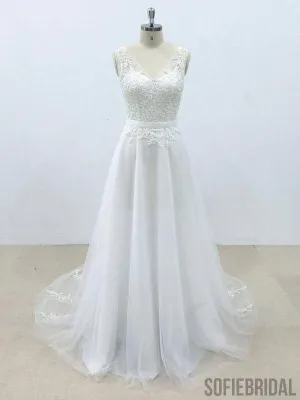 Simple V Neck Tulle Skirt Lace A-line Wedding Dresses Online, WD394