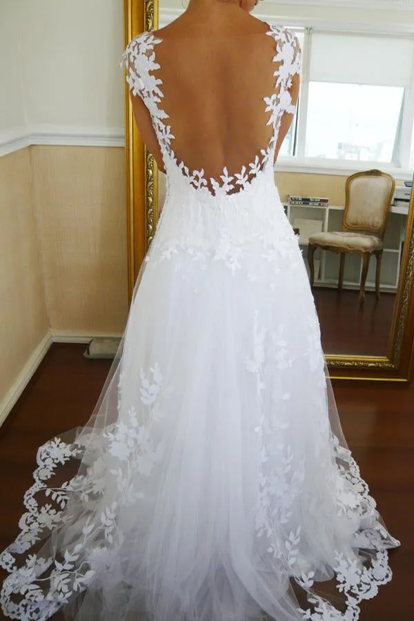 Simple Wedding Dresses V-neck A-line Brush Train White Lace Bridal Gown,MW433