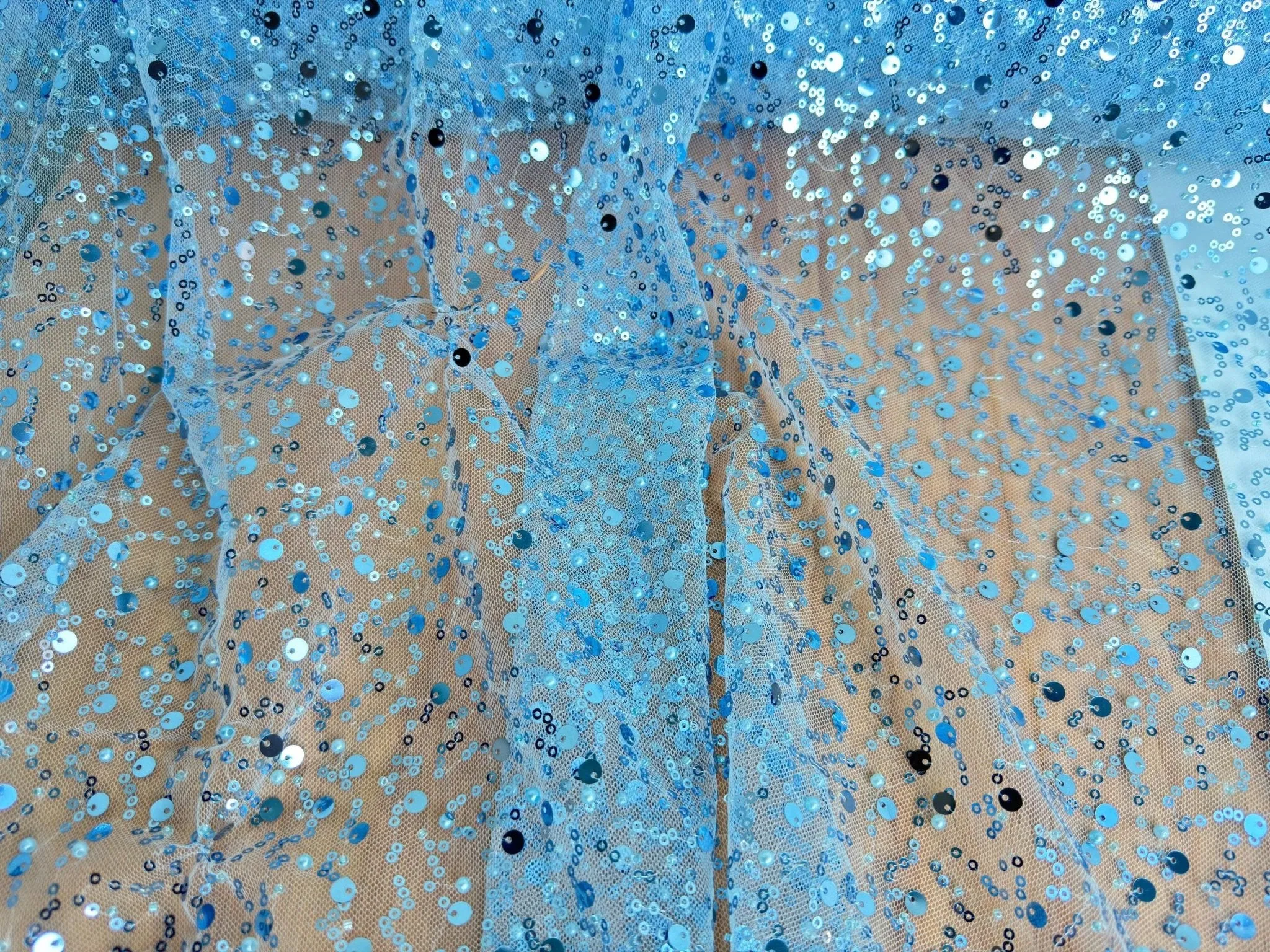 Sky Blue Beaded Lace Fabric