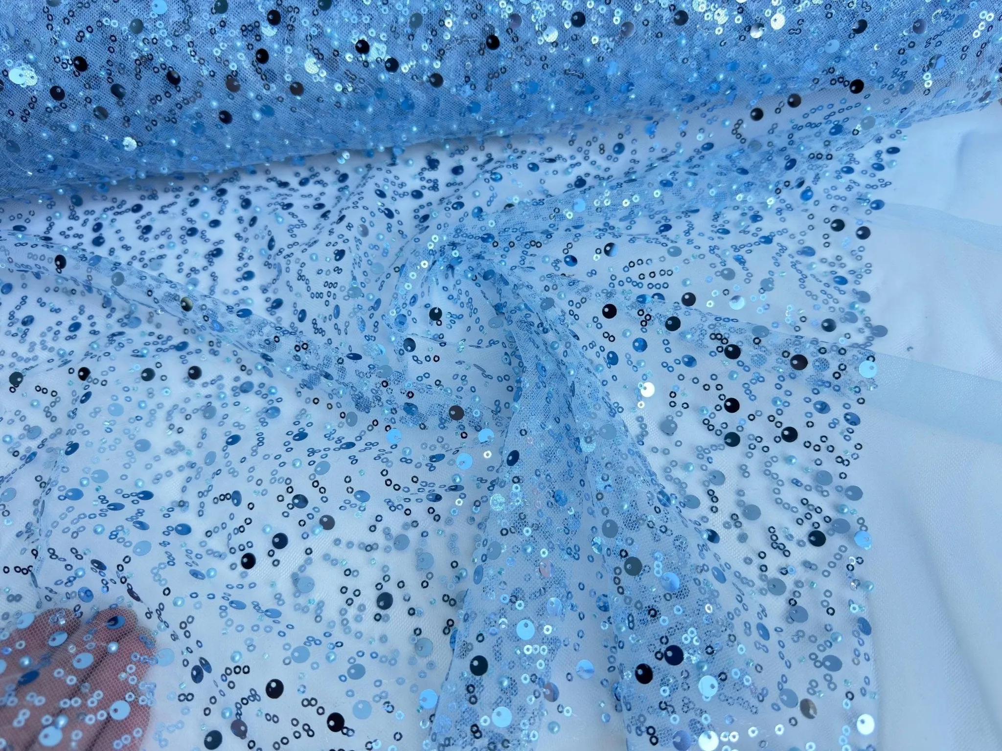 Sky Blue Beaded Lace Fabric