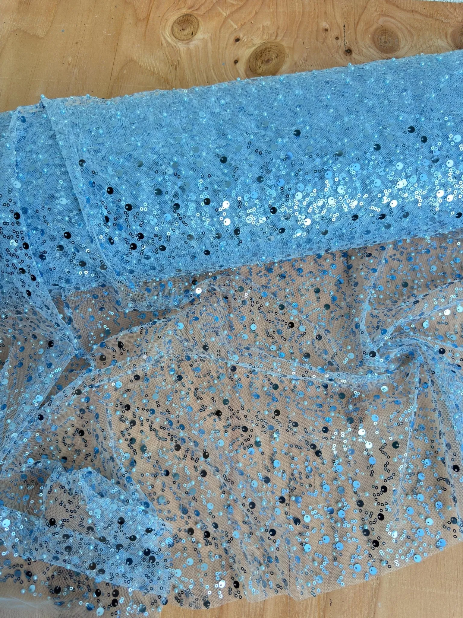 Sky Blue Beaded Lace Fabric