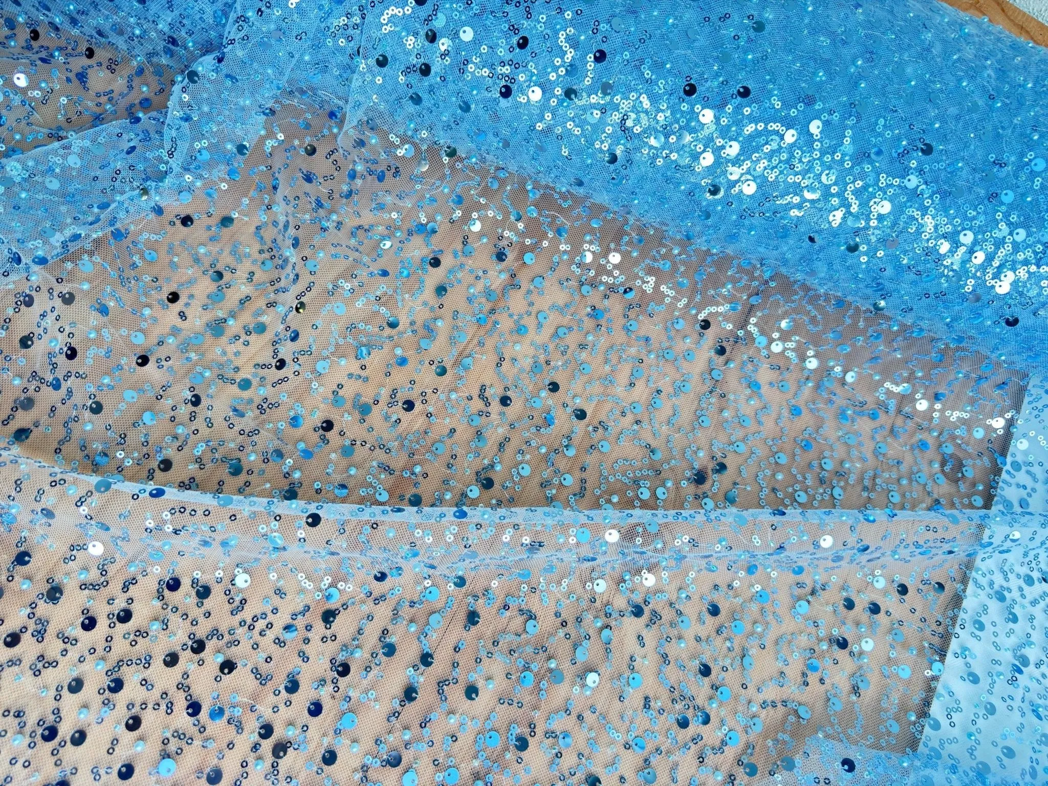Sky Blue Beaded Lace Fabric