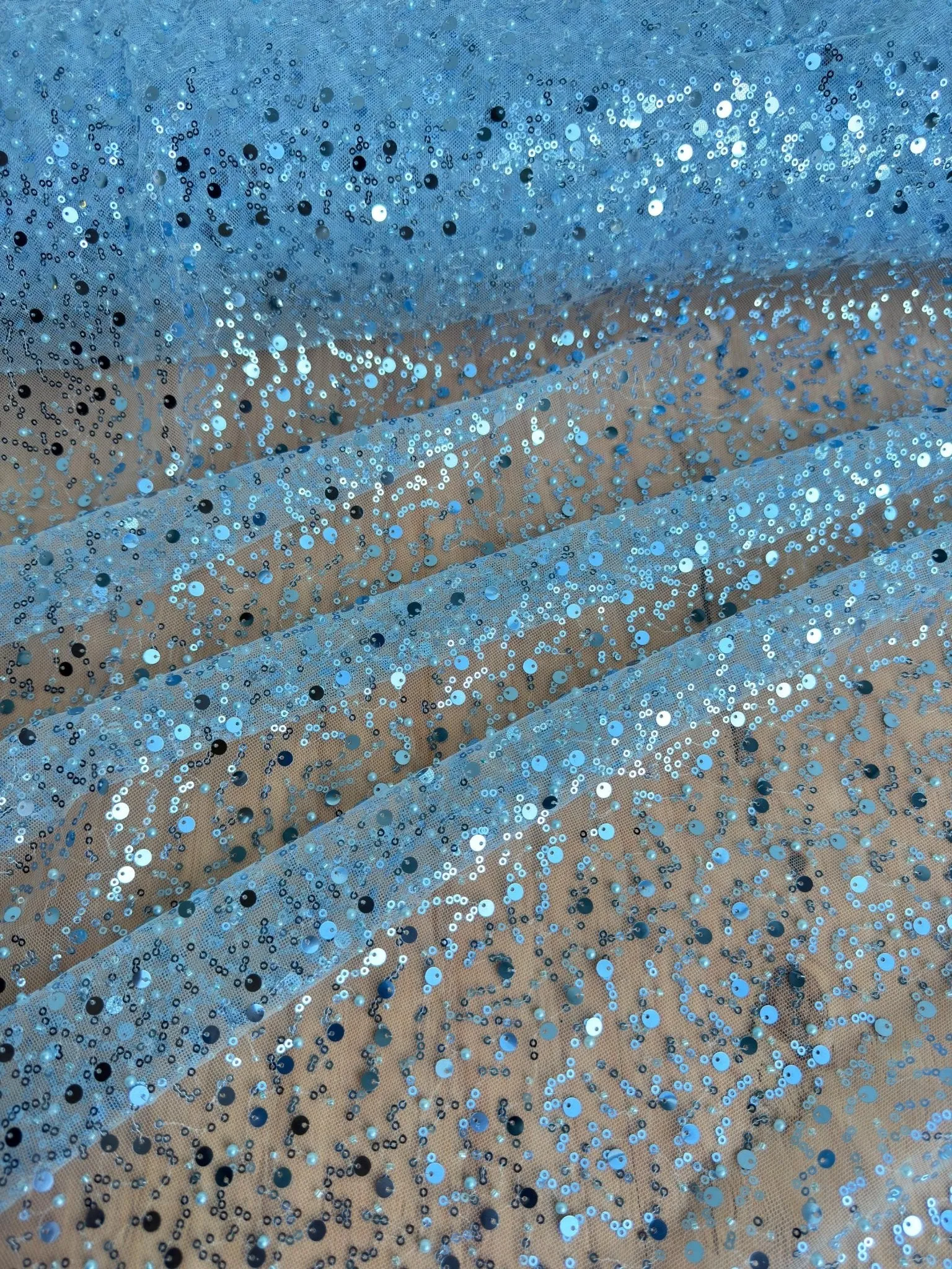Sky Blue Beaded Lace Fabric