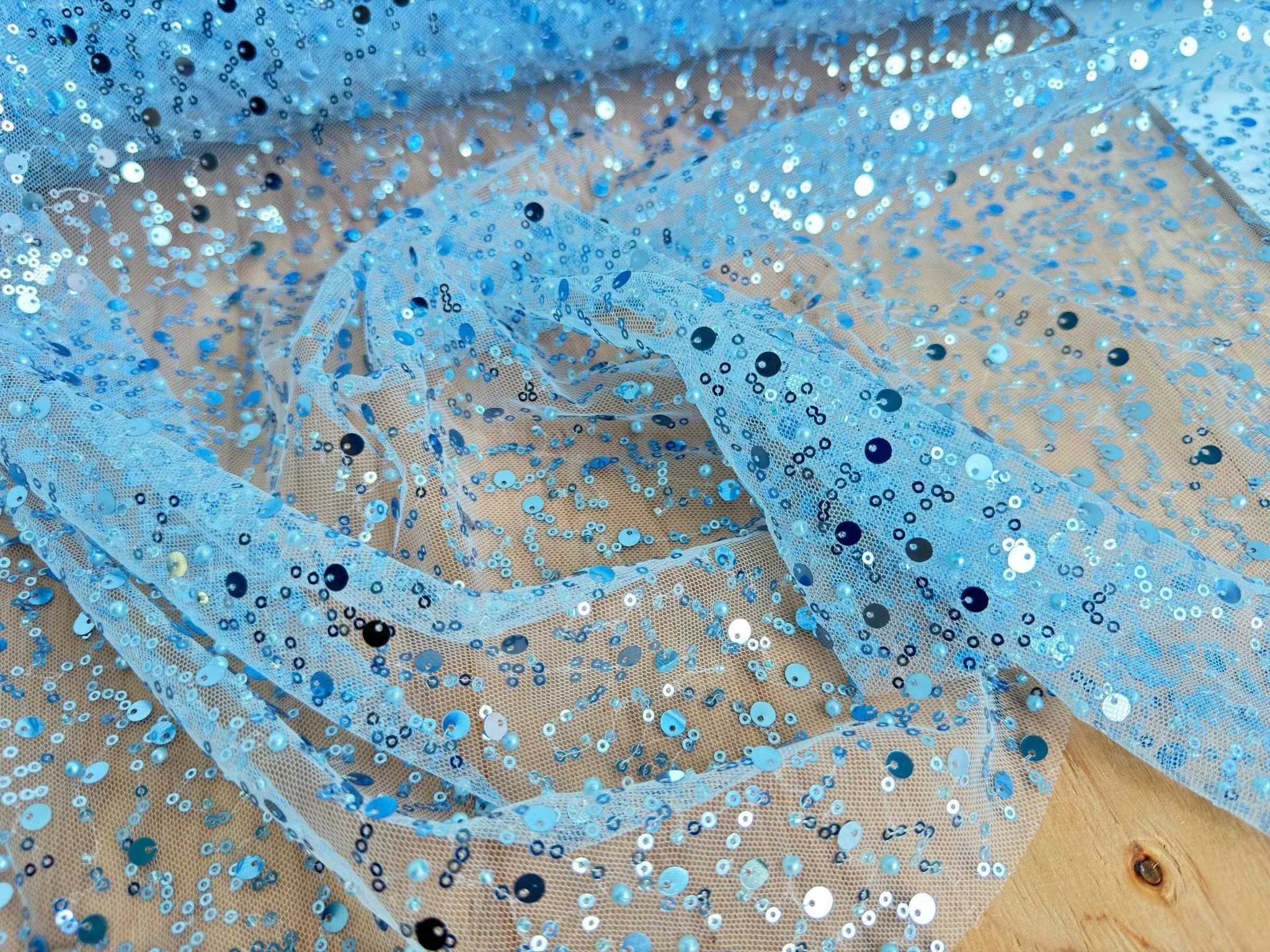 Sky Blue Beaded Lace Fabric
