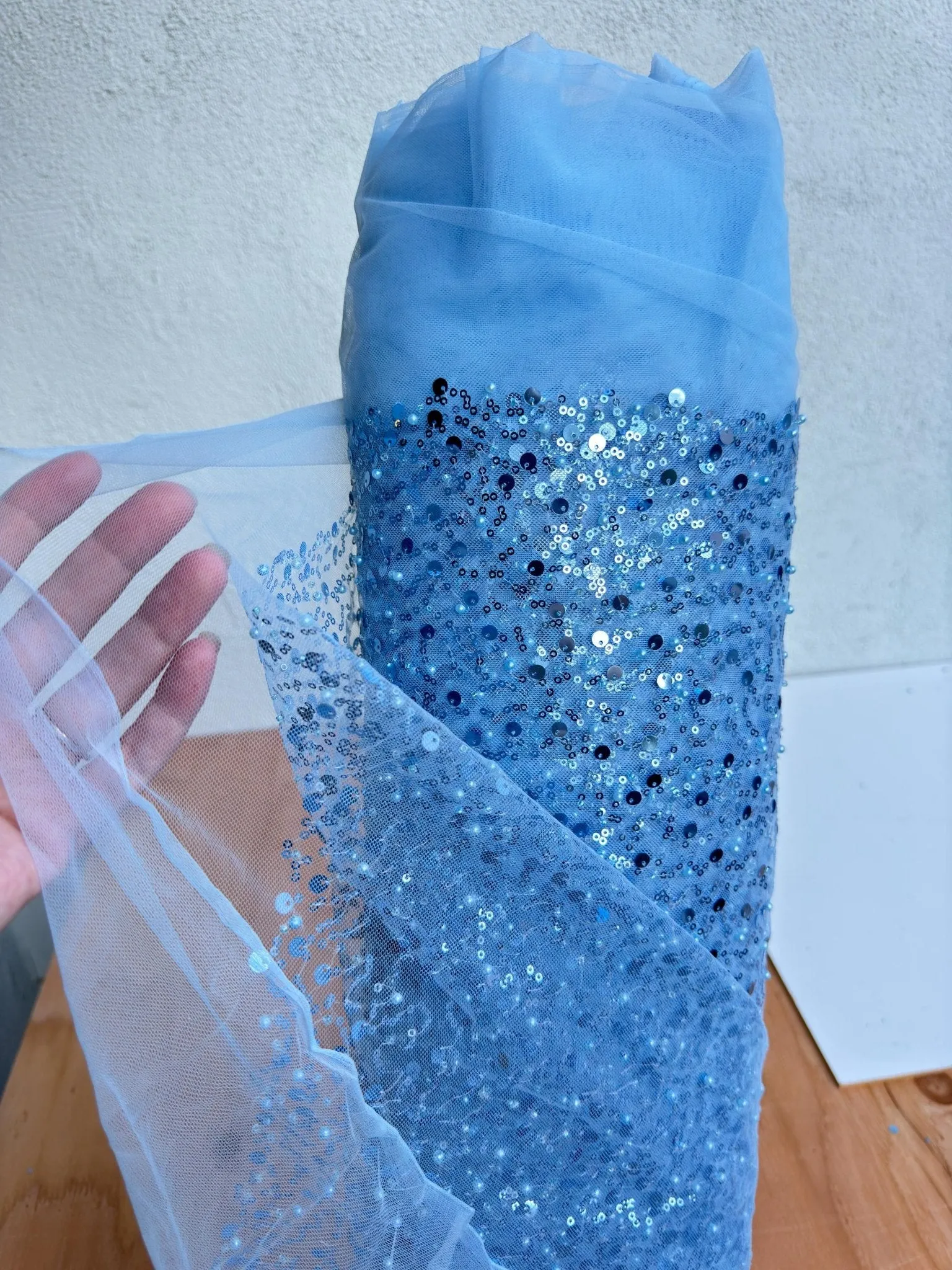 Sky Blue Beaded Lace Fabric