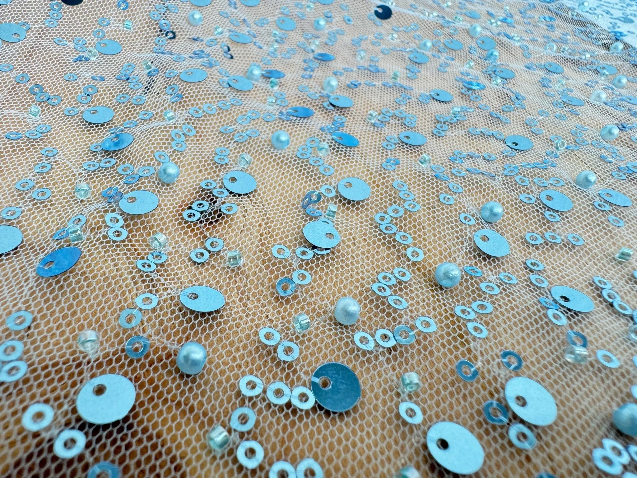 Sky Blue Beaded Lace Fabric