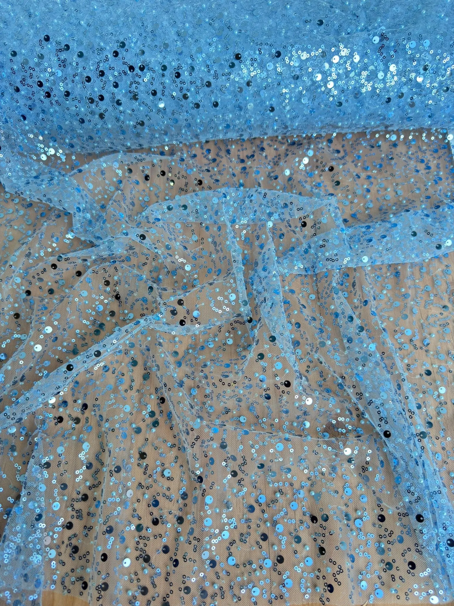 Sky Blue Beaded Lace Fabric