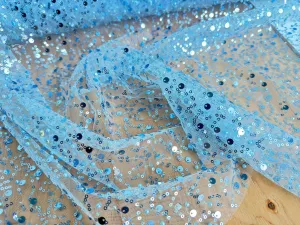Sky Blue Beaded Lace Fabric