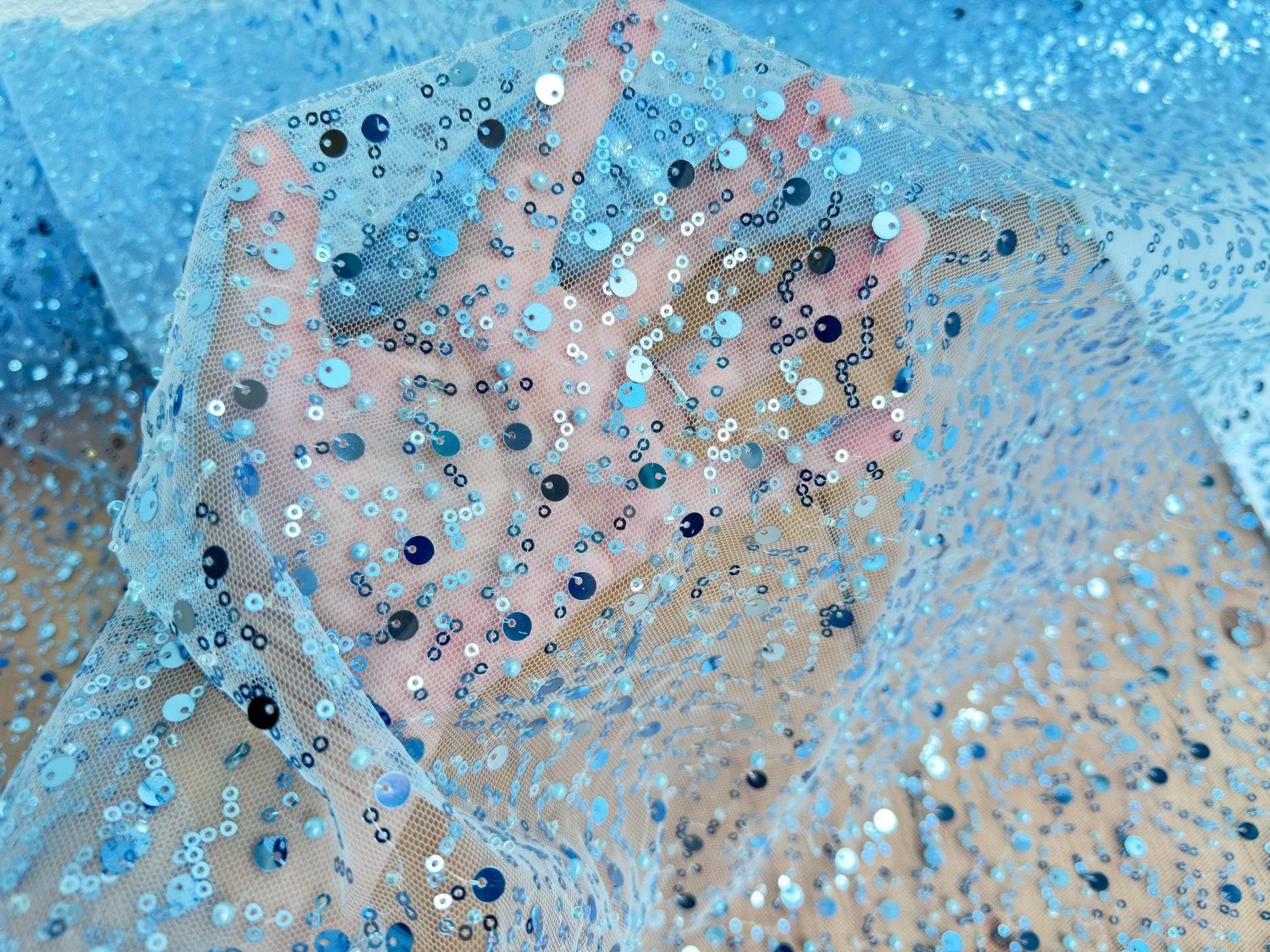 Sky Blue Beaded Lace Fabric