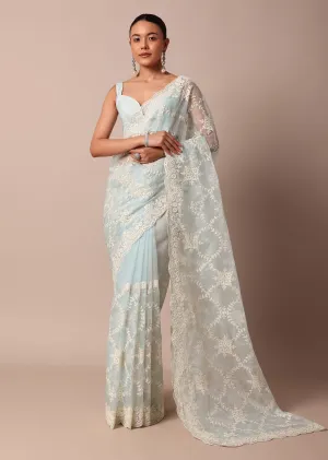Sky Blue Chikankari Saree In Organza Silk With Floral Jaal Detail