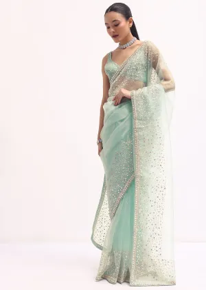 Sky Blue Embroidered Tissue Saree With stitched Blouse