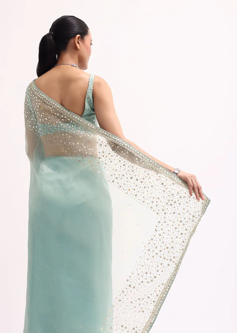 Sky Blue Embroidered Tissue Saree With stitched Blouse