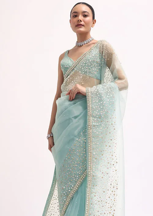 Sky Blue Embroidered Tissue Saree With stitched Blouse