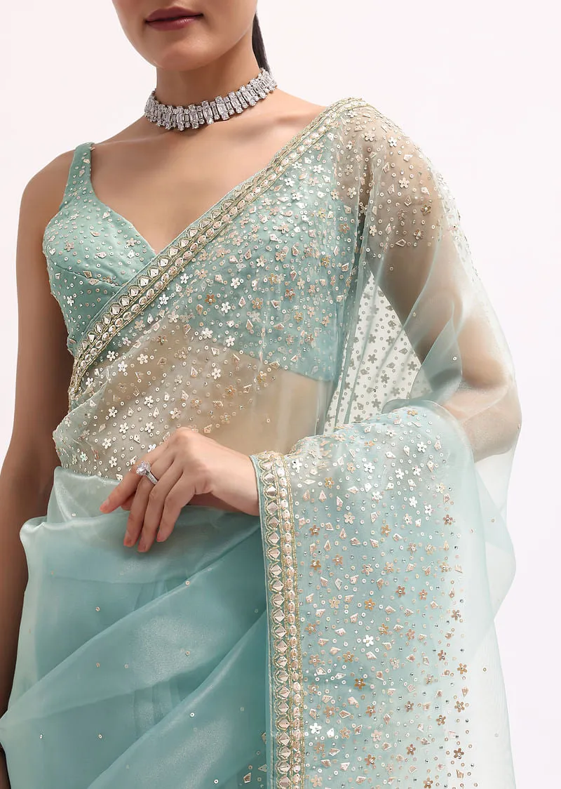 Sky Blue Embroidered Tissue Saree With stitched Blouse