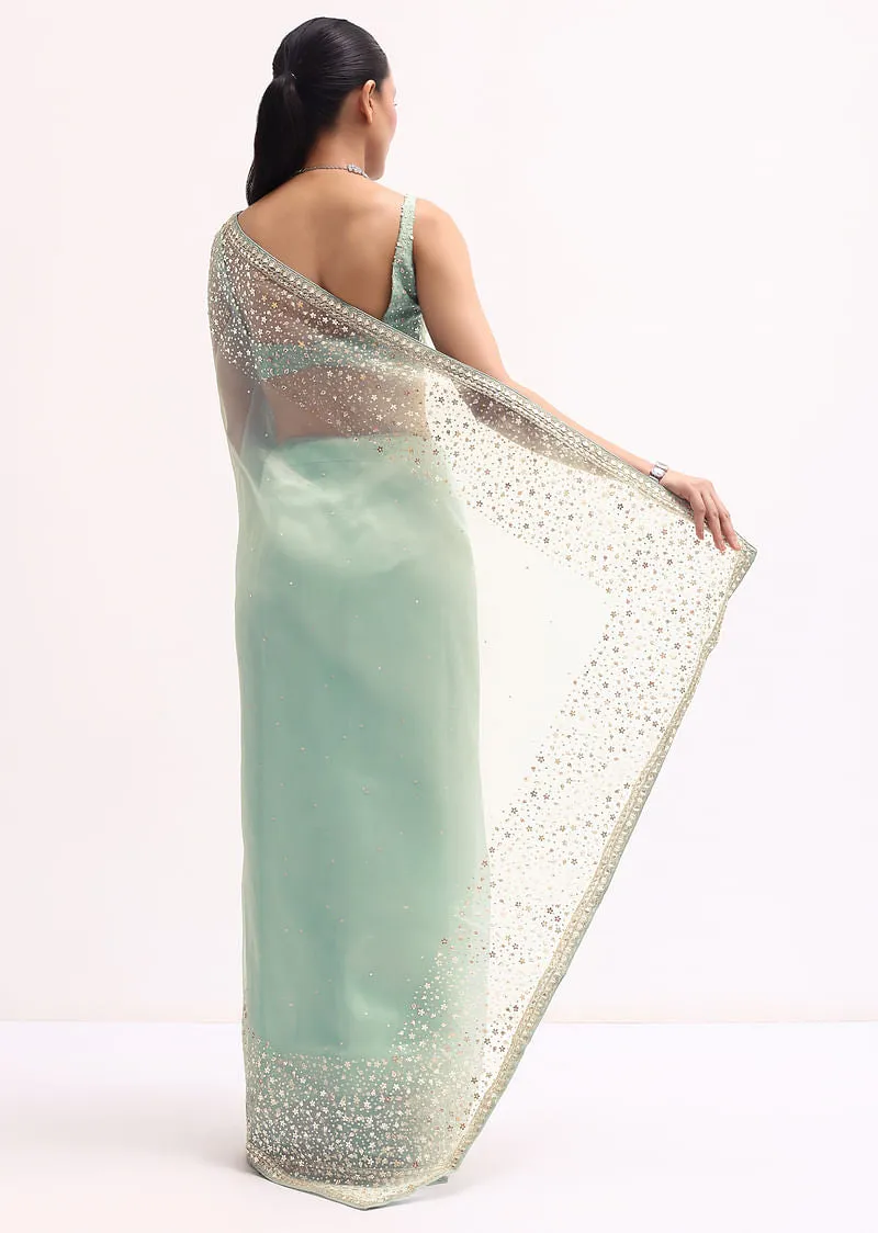 Sky Blue Embroidered Tissue Saree With stitched Blouse