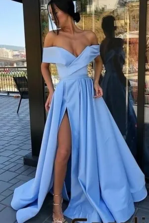 sky blue prom dresses long off the shoulder satin cheap elegant simple prom gown vestido de festa