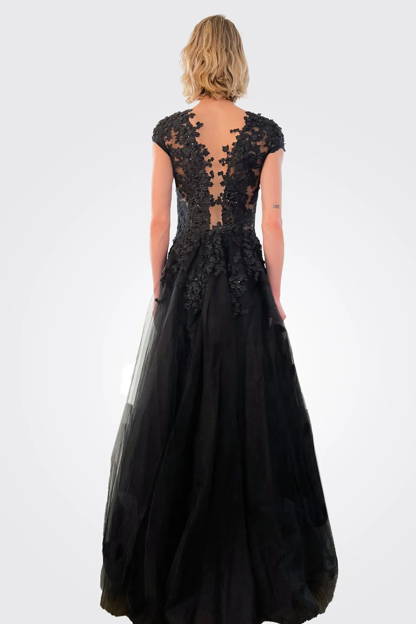 Sleeve Lace Plunging Neckline Gown - Black