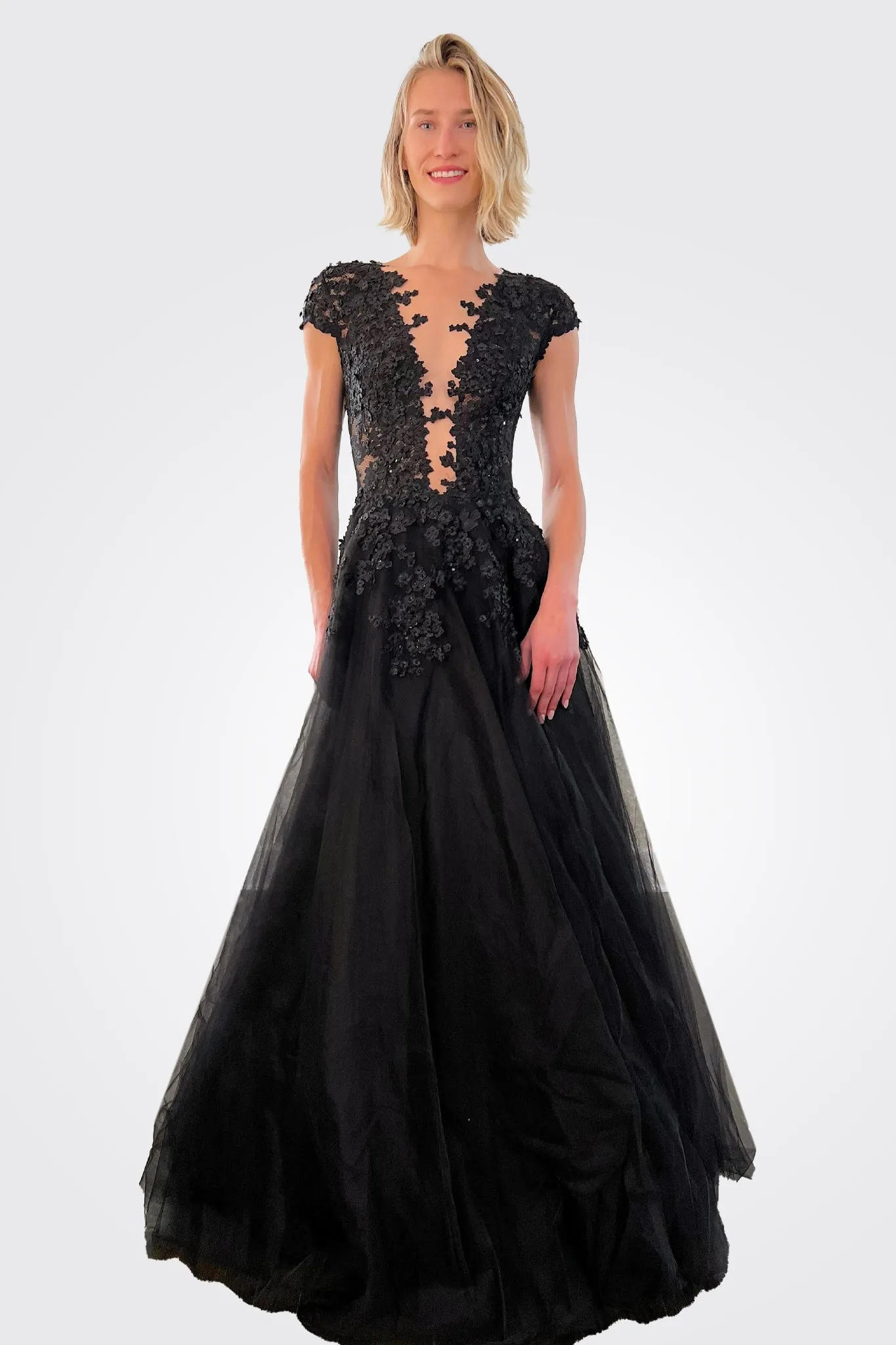 Sleeve Lace Plunging Neckline Gown - Black
