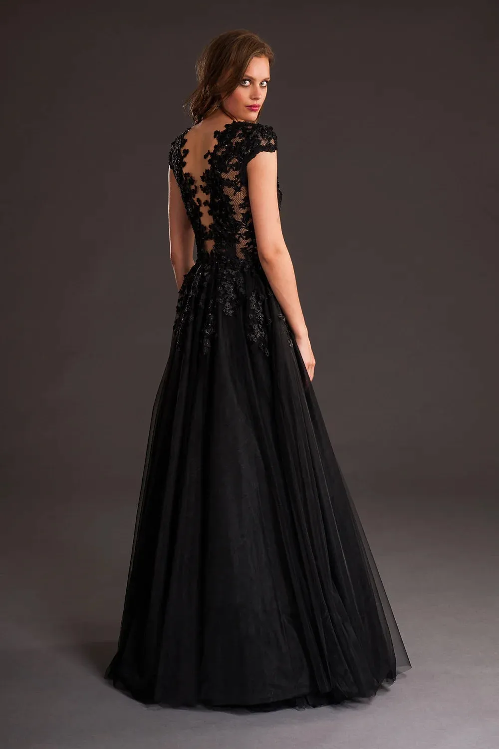 Sleeve Lace Plunging Neckline Gown - Black