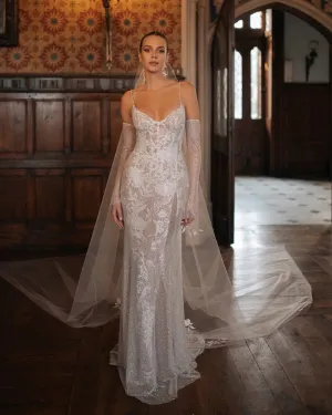 Sleeveless Deep V-Neck Lace Appliques Shiny Tulle Mermaid Wedding Dress For Women Open Back Floor Length Bridal Gown