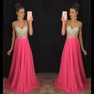 sleeveless prom dresses 2020 v neck beaded chiffon hot pink elegant prom gown vestido de longo 2021