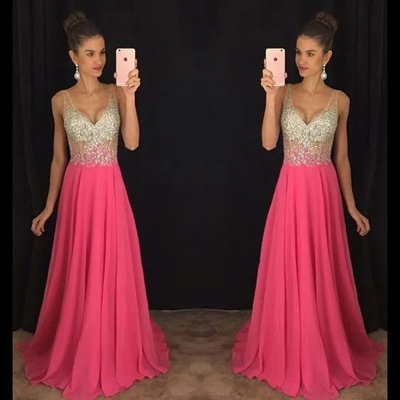 sleeveless prom dresses 2020 v neck beaded chiffon hot pink elegant prom gown vestido de longo 2021