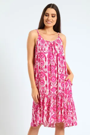 Sleeveless Strappy Peplum Hem Printed Mini Dress - Cerise