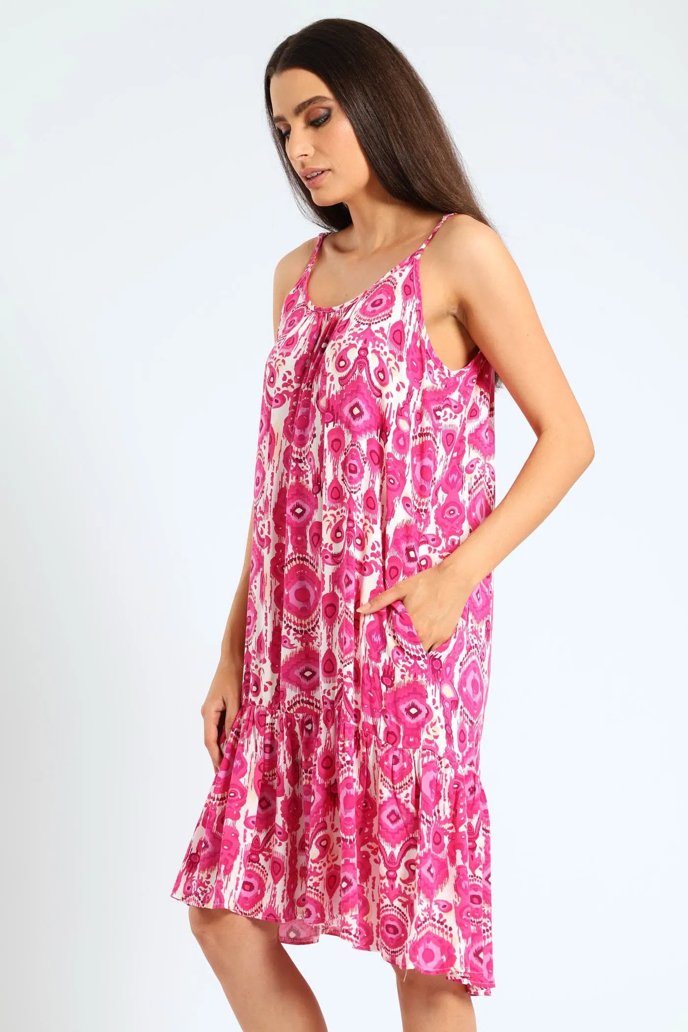 Sleeveless Strappy Peplum Hem Printed Mini Dress - Cerise