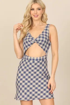 SLEEVELESS TWIST FRONT CUT-OUT GINGHAM DRESS
