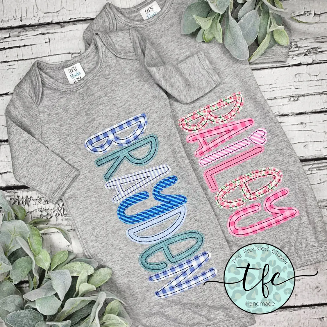 {Slim Gem Name Applique} gray baby gown