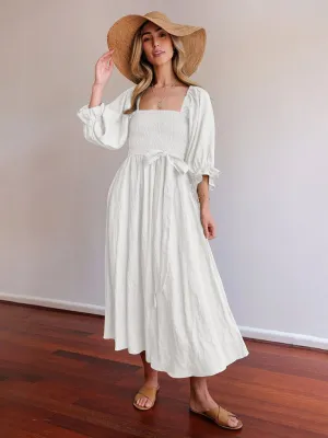 Smocked Bodice Midi Dress with Ruffled Lantern Sleeves
