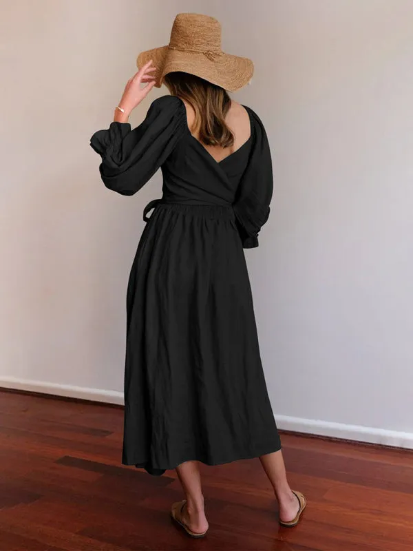 Smocked Bodice Midi Dress with Ruffled Lantern Sleeves