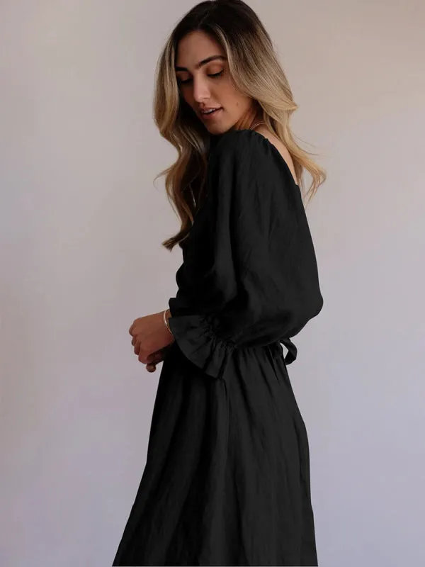 Smocked Bodice Midi Dress with Ruffled Lantern Sleeves