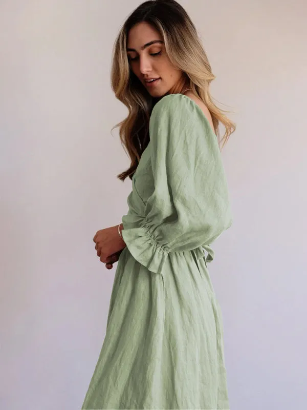 Smocked Bodice Midi Dress with Ruffled Lantern Sleeves