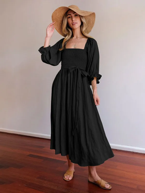 Smocked Bodice Midi Dress with Ruffled Lantern Sleeves