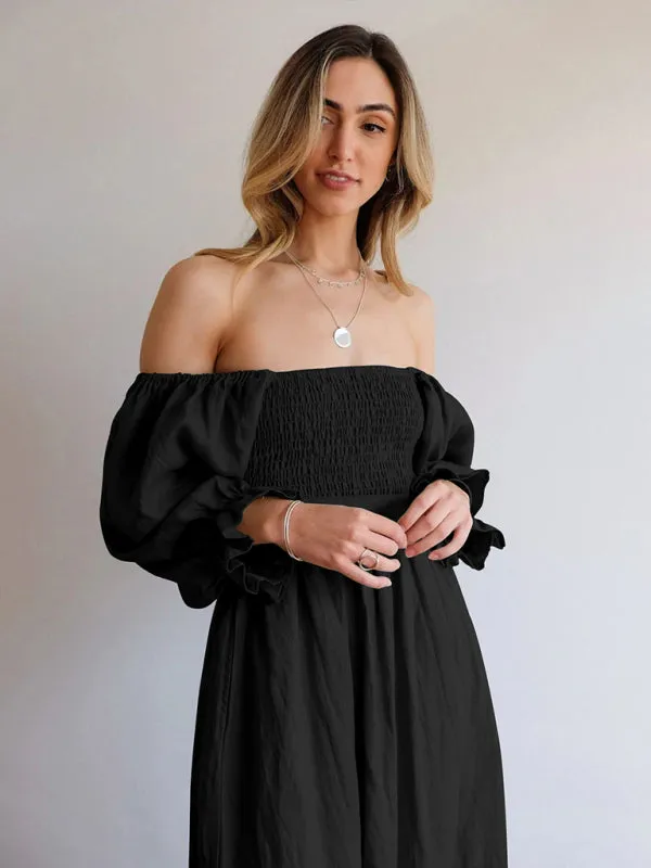 Smocked Bodice Midi Dress with Ruffled Lantern Sleeves