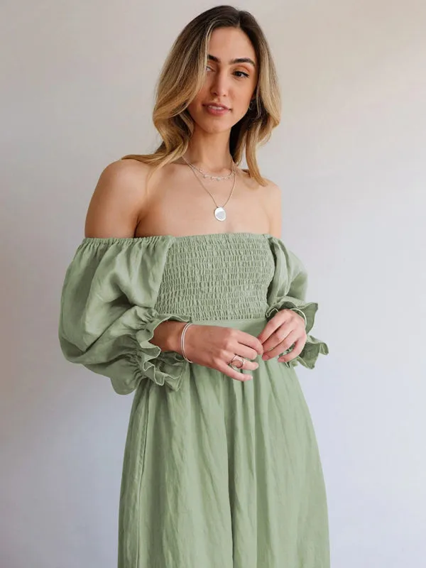 Smocked Bodice Midi Dress with Ruffled Lantern Sleeves