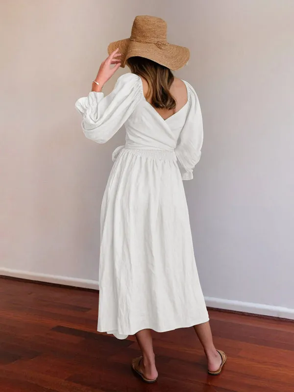 Smocked Bodice Midi Dress with Ruffled Lantern Sleeves