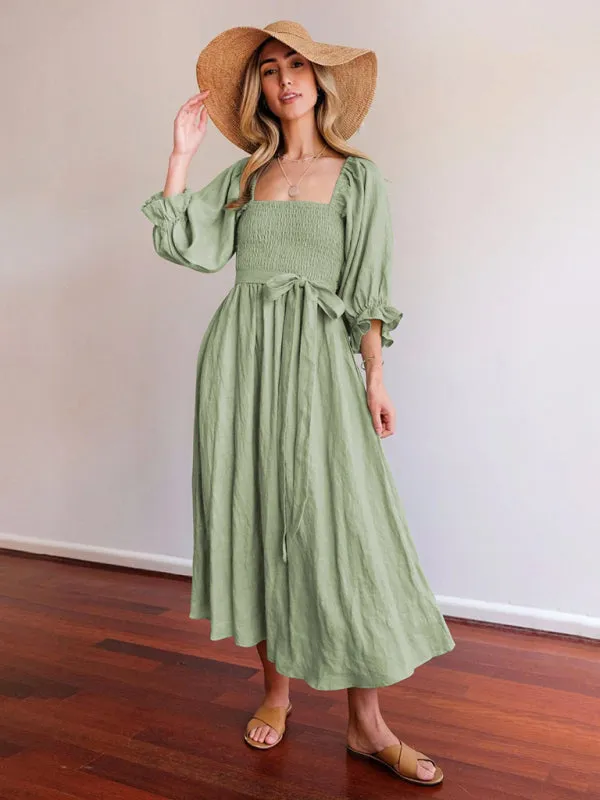 Smocked Bodice Midi Dress with Ruffled Lantern Sleeves