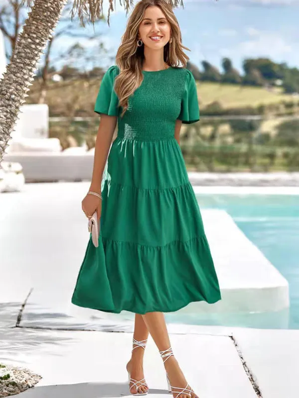 Smocked Bodice Resort Midi Dress with Tiered A-Line Skirt