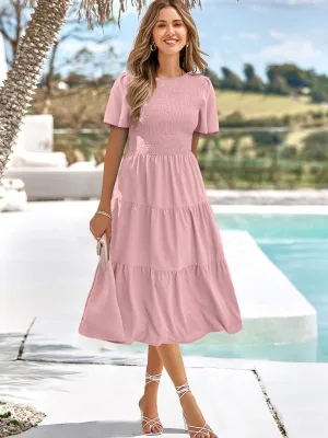 Smocked Bodice Resort Midi Dress with Tiered A-Line Skirt